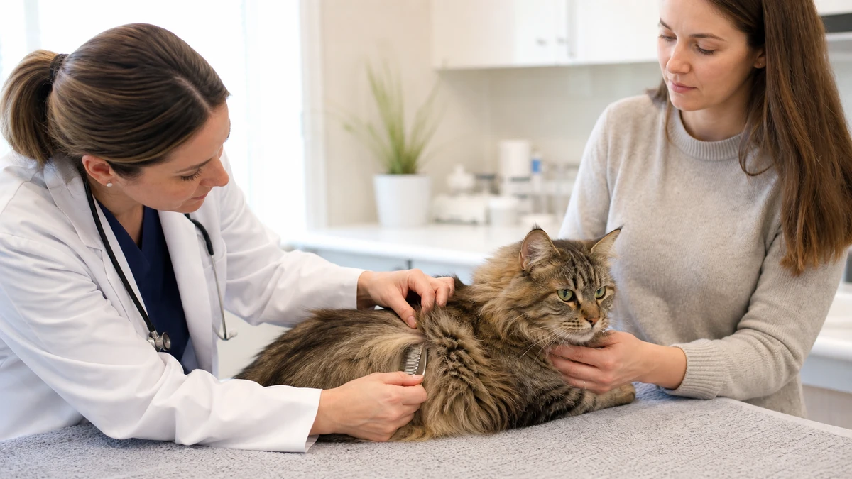 Veterinarian gently assessing a dense matted patch in a long-haired cat's coat while the caregiver observes