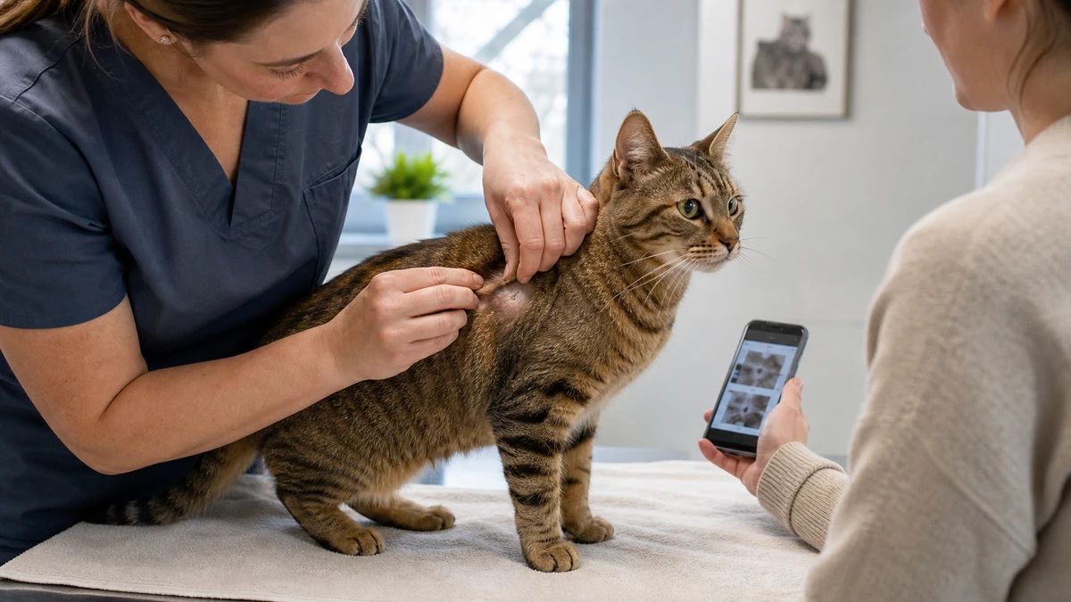 Veterinarian gently inspecting a small area of thinning fur while a caregiver shares a photo record
