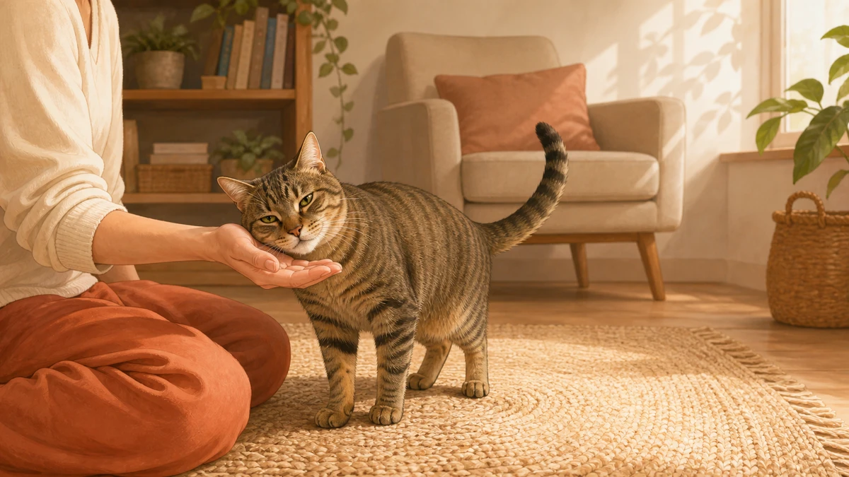 Cat touching its cheek to a relaxed hand while retaining room to move away