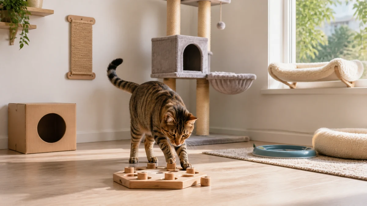 Brown tabby cat investigating a food puzzle with a stable cat tree, hide, scratcher, and secure window perch nearby
