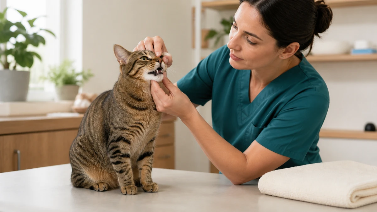 Veterinarian gently checking a tabby cat's gums during a calm hydration assessment