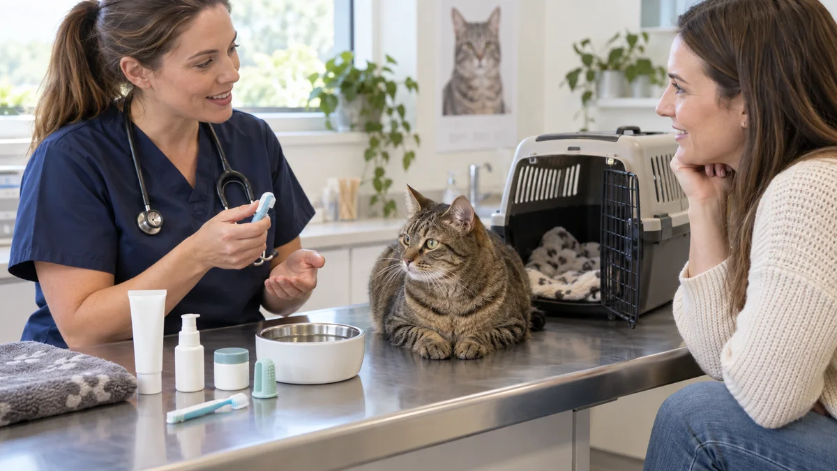 Veterinarian and caregiver discuss a cat’s individualized home dental plan beside an open carrier, soft brush, water bowl, and unbranded oral-care options