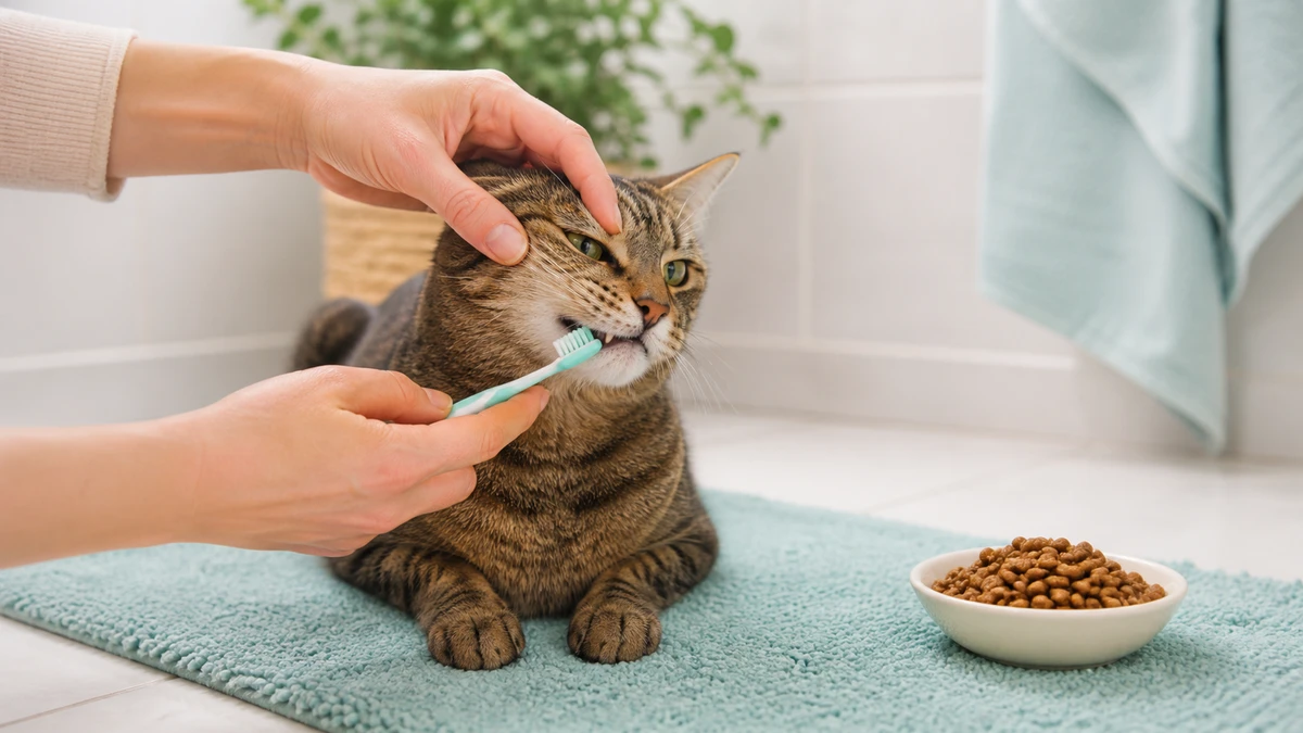 Caregiver gently brushing a brown tabby cat's outer teeth while an ordinary bowl of kibble sits separately