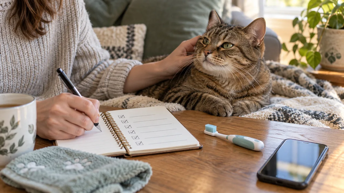 Open dental-care notebook with check marks, a soft toothbrush, and a phone beside a relaxed brown tabby