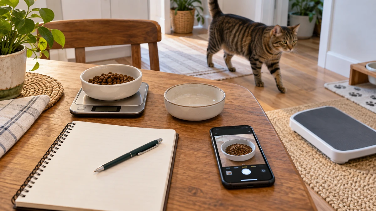 Blank notebook, phone camera, food bowls, kitchen scale, and pet scale arranged to document a cat's intake and weight