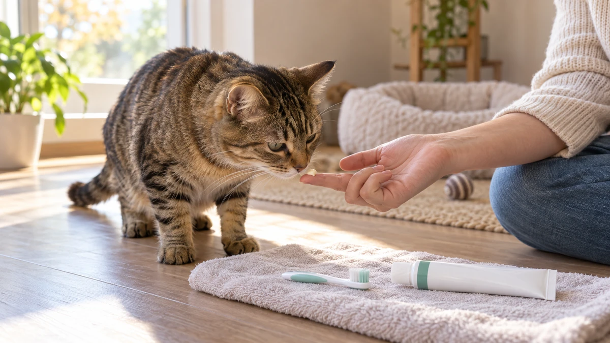 Relaxed tabby voluntarily sniffing cat-specific toothpaste beside a soft pet toothbrush during a gradual introduction