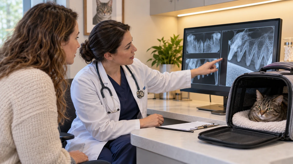 Veterinarian explaining feline dental radiographs to a caregiver while a tabby rests in an open carrier nearby