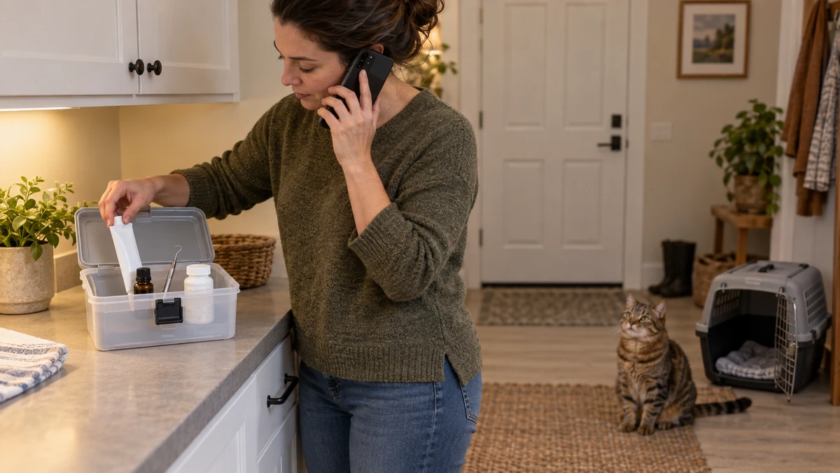 Caregiver securing human toothpaste, essential oil, a dental scraper, and human medicine away from a cat while calling a veterinarian