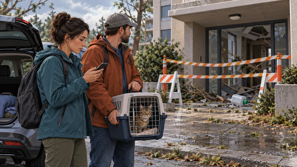 A family stays outside a closed damaged building with their cat in a latched carrier while calling for professional advice