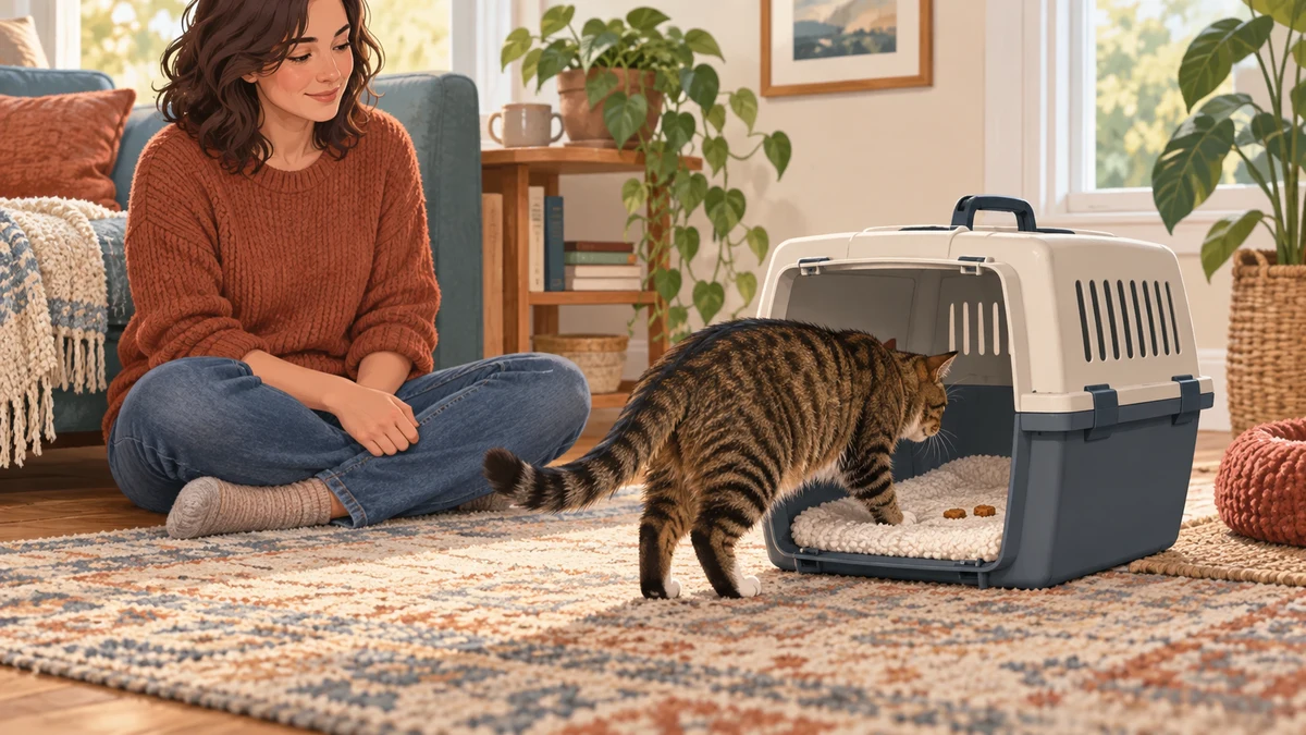 Brown tabby voluntarily steps toward treats on familiar bedding inside an open carrier while a caregiver waits calmly