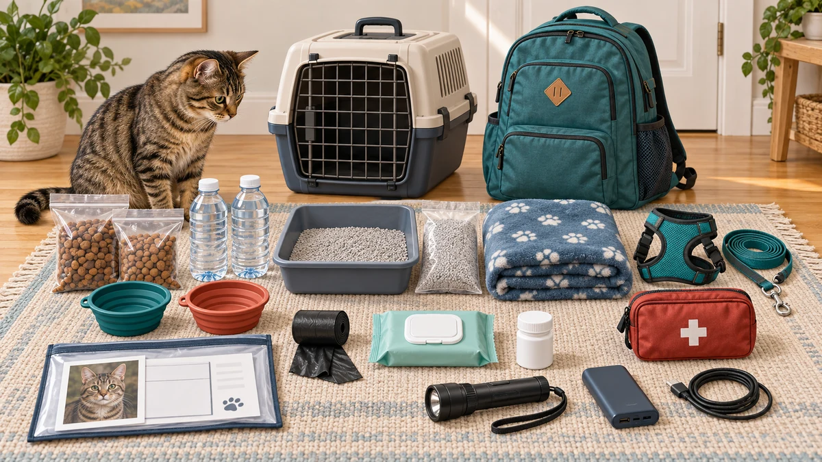 Brown tabby observes a carrier, go-bag, food, water, litter, records, lighting, power bank, harness, and cleaning supplies arranged for inspection