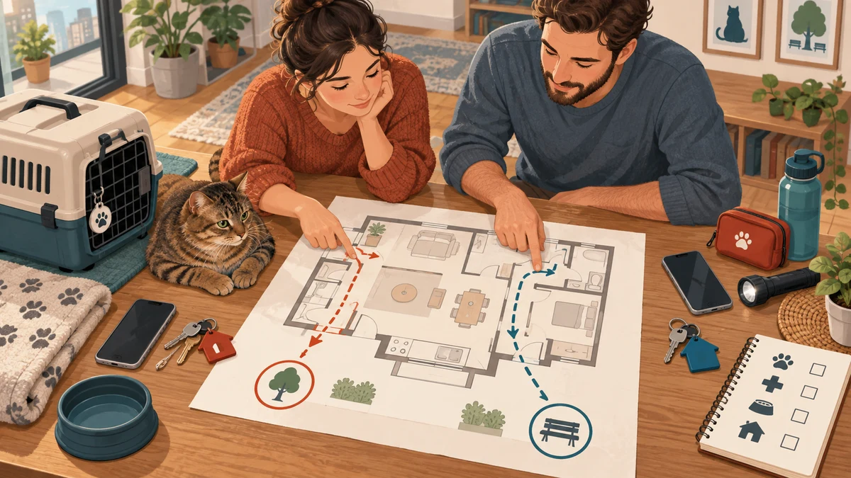 Two adults assign separate evacuation routes on a floor plan beside keys, phones, a carrier, and a calm brown tabby