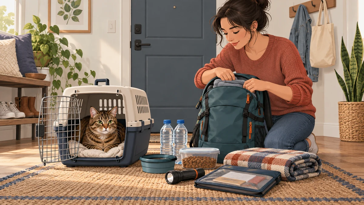 Brown tabby resting inside an open sturdy carrier while a caregiver checks a teal emergency backpack beside the closed front door