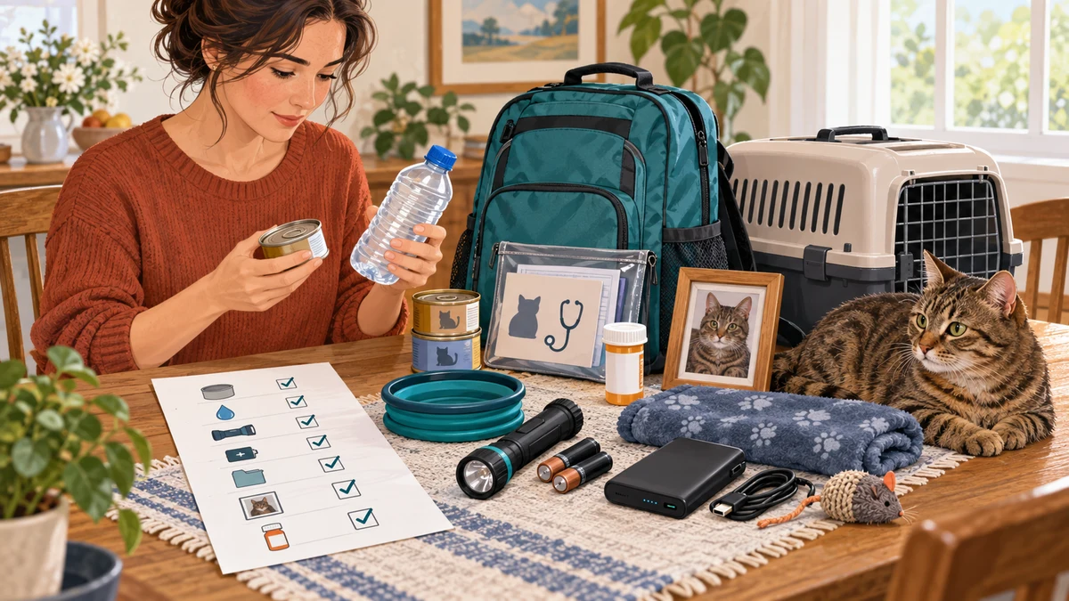 Caregiver checks sealed food, water, batteries, power bank, veterinary records, current photo, and a closed prescription container beside a cat emergency kit