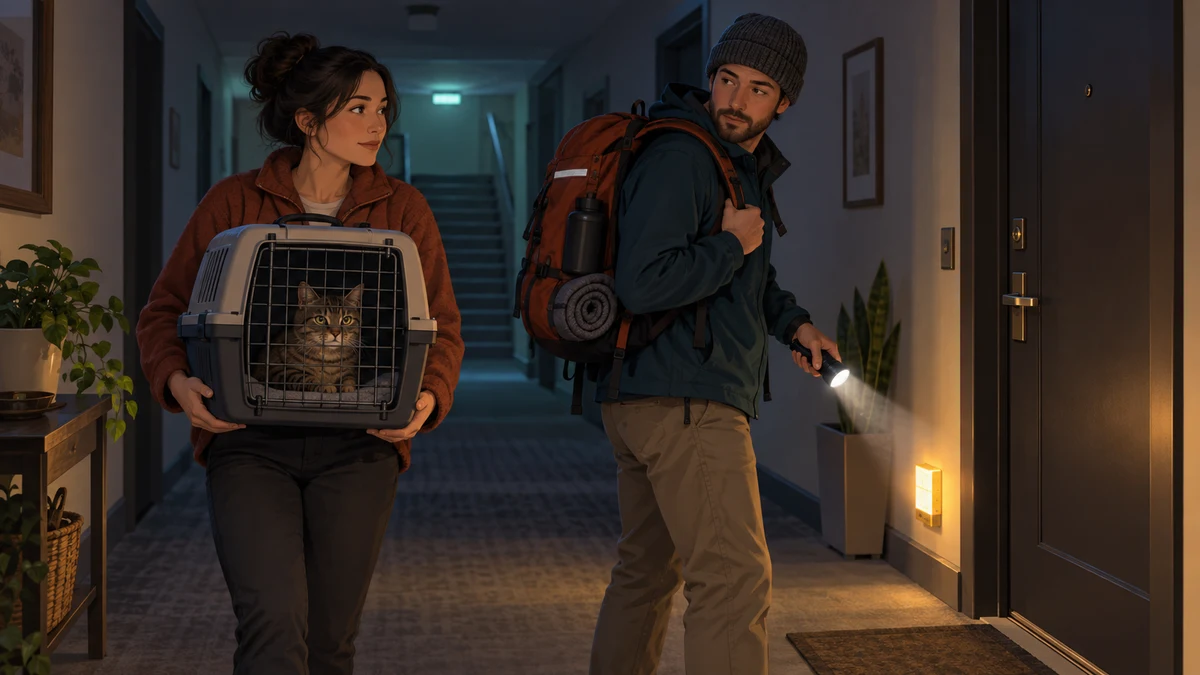 Two caregivers conduct a calm nighttime power-outage drill with a latched carrier, supported base, flashlight, and emergency backpack