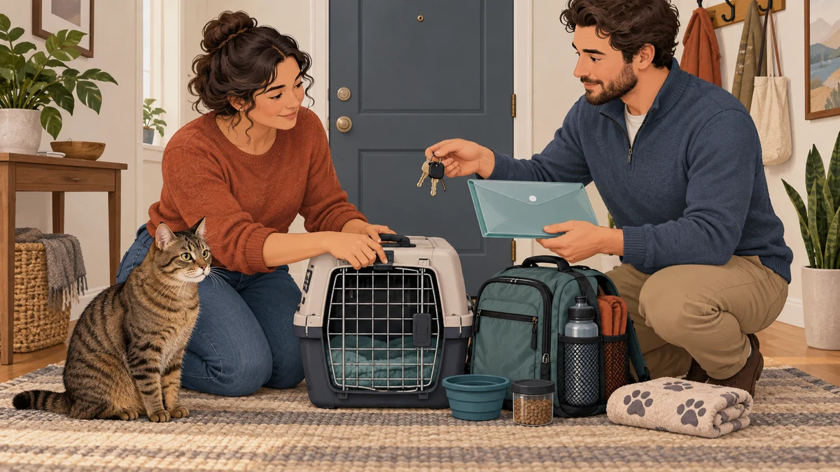 Two adults hand over keys and a waterproof instruction folder beside a carrier, emergency backpack, and calm brown tabby