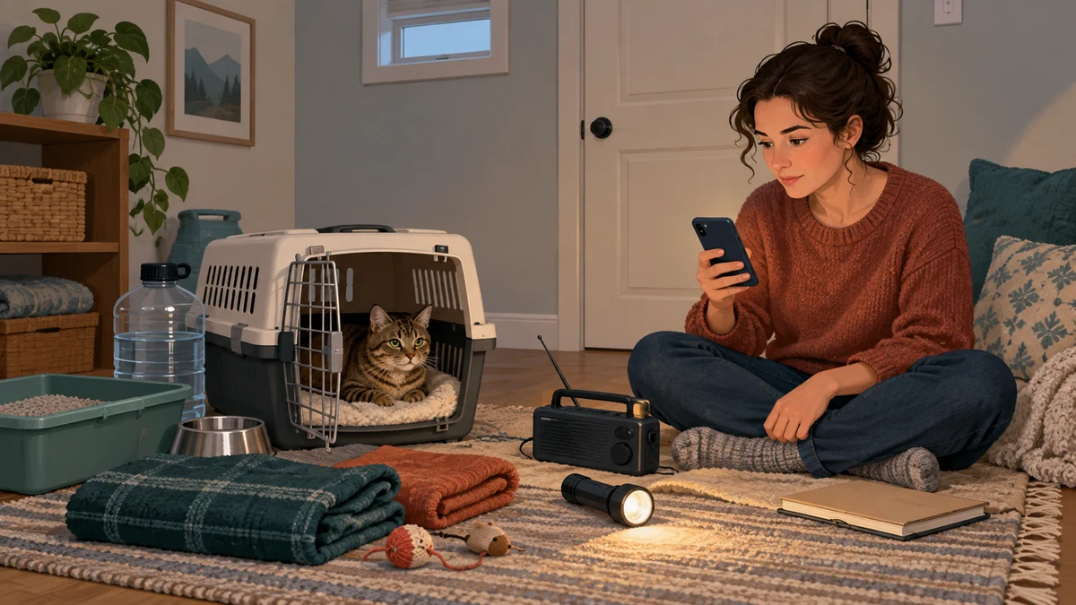 Brown tabby rests inside an open carrier in a closed low-clutter interior room while a caregiver monitors official alerts beside water, litter, lighting, and a battery radio