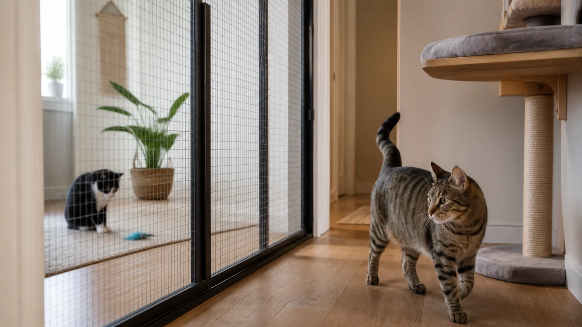 Brown tabby voluntarily turning away from a mesh barrier while the black-and-white cat calmly redirects attention to a toy