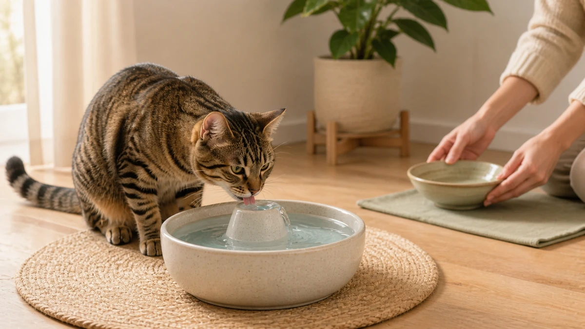 Brown tabby drinking from a clean ceramic water fountain while a caregiver sets down a freshly washed bowl