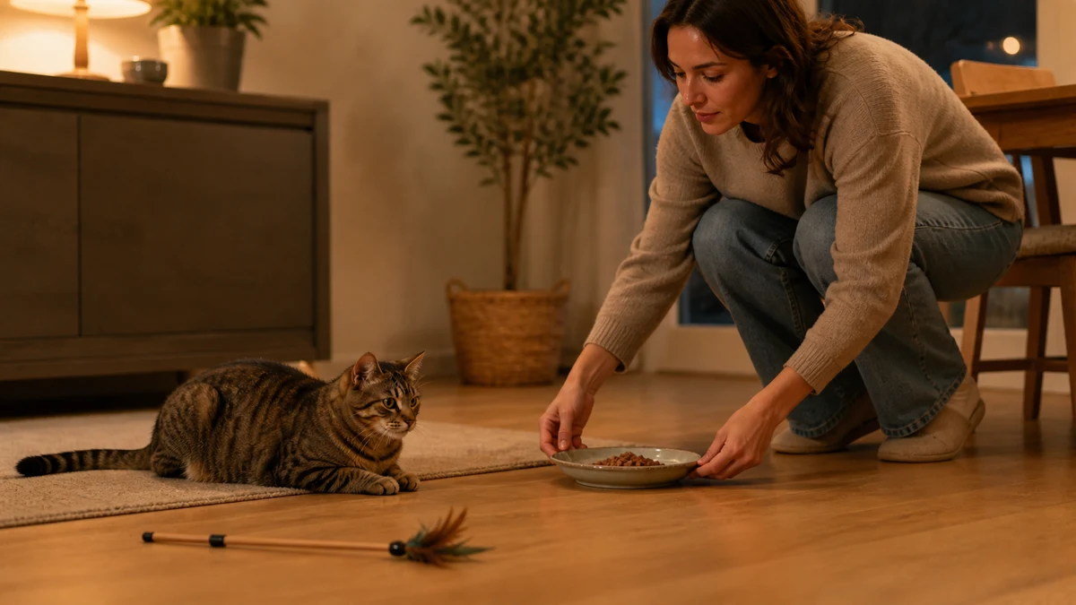 Brown tabby cat relaxing after wand play while a caregiver places a measured evening meal in a shallow dish