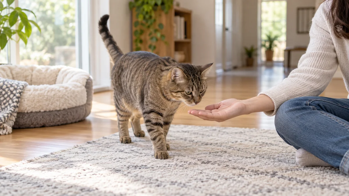Seated caregiver offers an open hand beside a relaxed brown tabby while keeping the cat’s path to a familiar bed clear