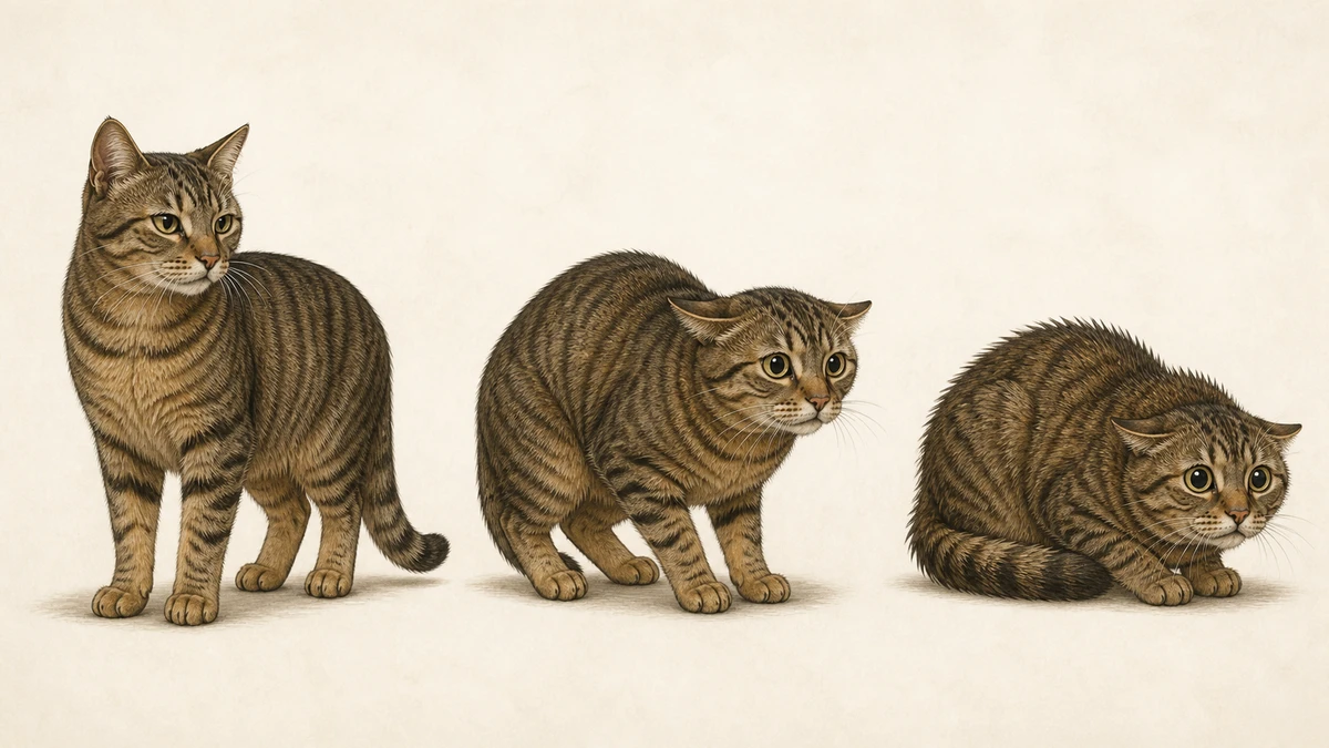 Three views of the same tabby cat progressing from relaxed posture to crouched, wide-eyed fear with flattened ears and tucked tail