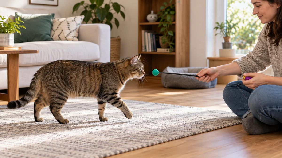 Brown tabby calmly follows a rounded target for one short step across a nonslip rug while the caregiver remains seated low