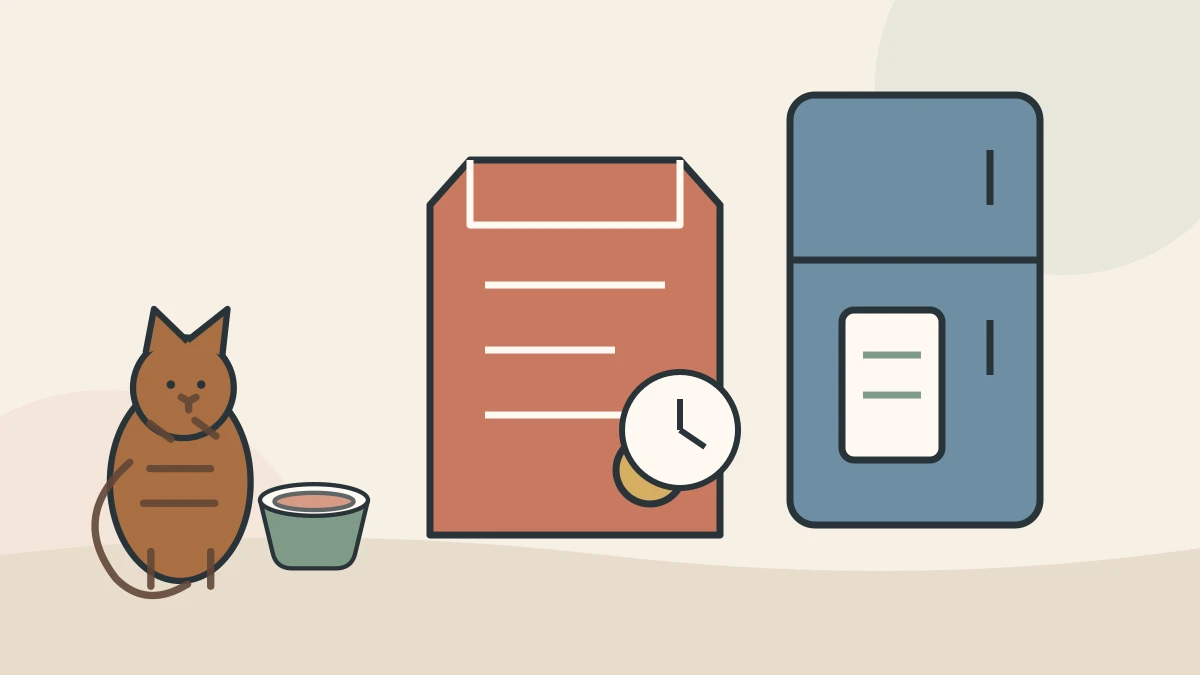 A caregiver checks an intact cat-food package, lot details, storage time, and a clean bowl beside the refrigerator