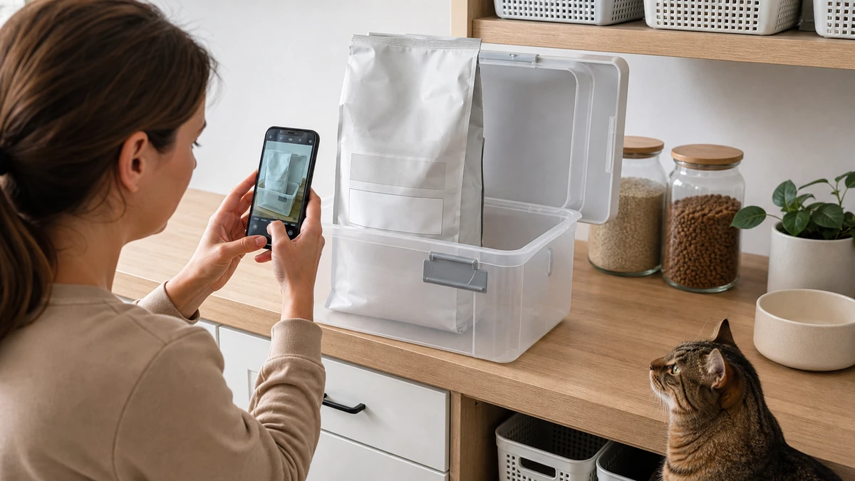 Caregiver photographing the blank lot and date area of an original cat-food bag before placing the bag inside a storage bin
