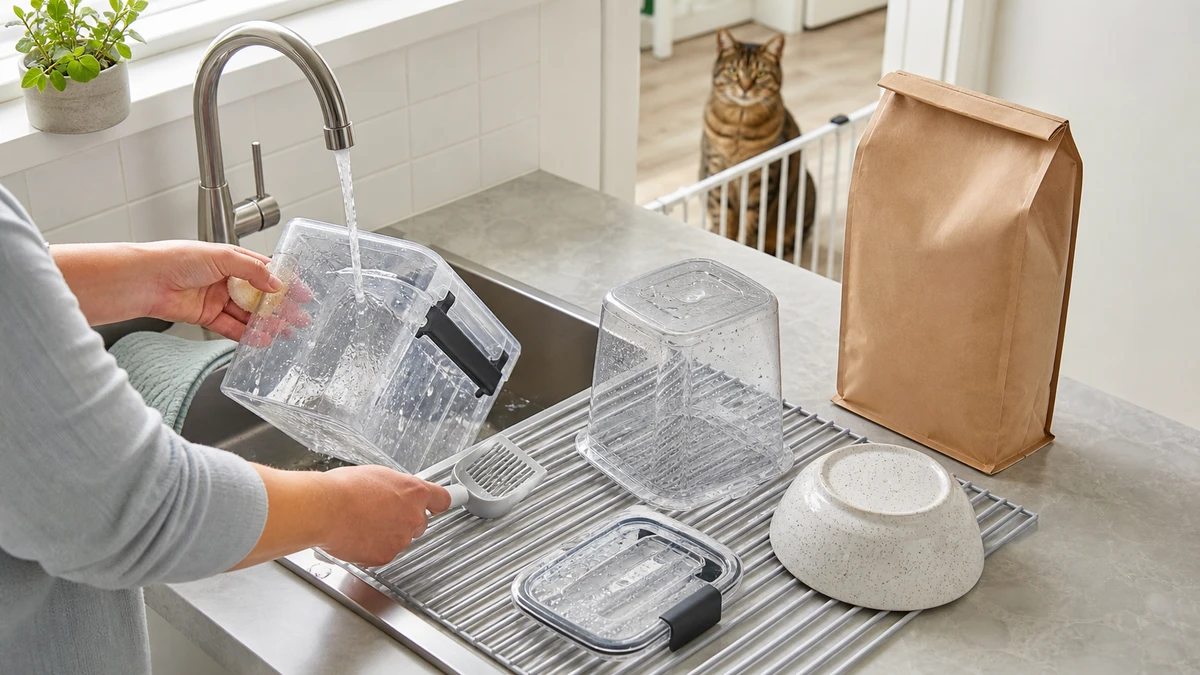 A caregiver washing an empty pet-food bin while a second bin, scoop, and bowl dry fully before the next bag is opened