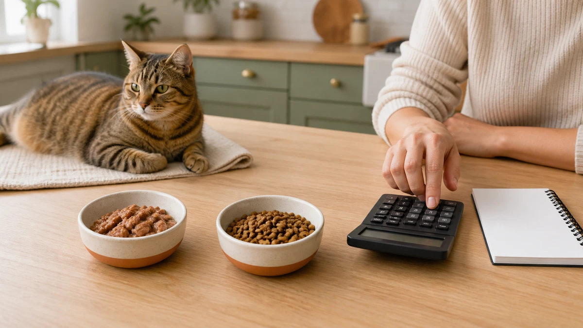 Caregiver comparing the daily cost of measured wet and dry portions with a plain calculator