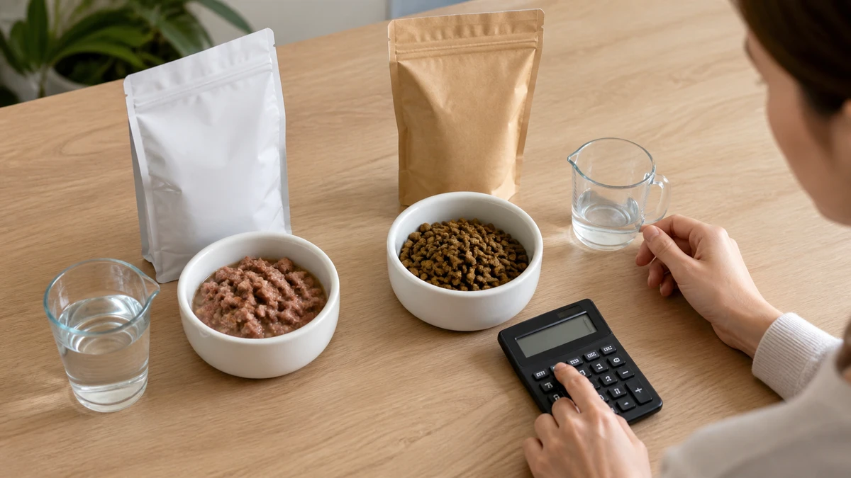 Wet and dry cat food arranged with water vessels and a calculator for a dry-matter comparison