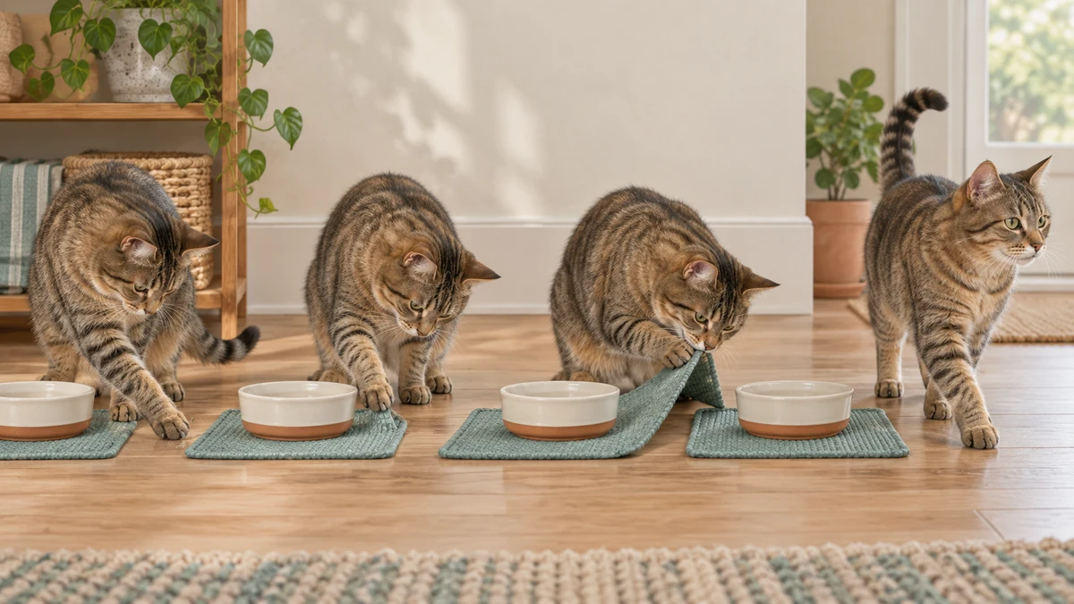 The same brown tabby shows four food-bowl-adjacent actions: sweeping the floor, nudging a mat, pulling its edge, and walking away