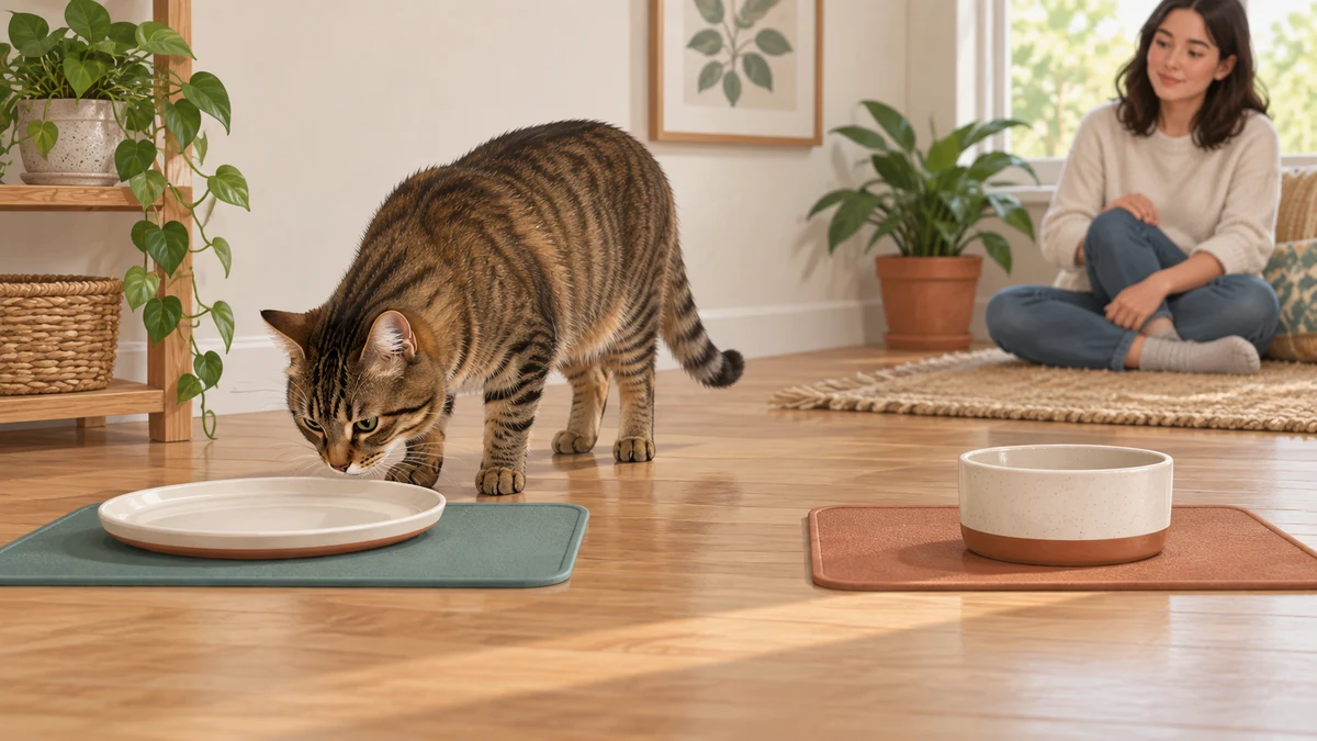 Brown tabby calmly investigates a wide shallow dish while a deeper stable bowl remains separately available during a one-variable setup test