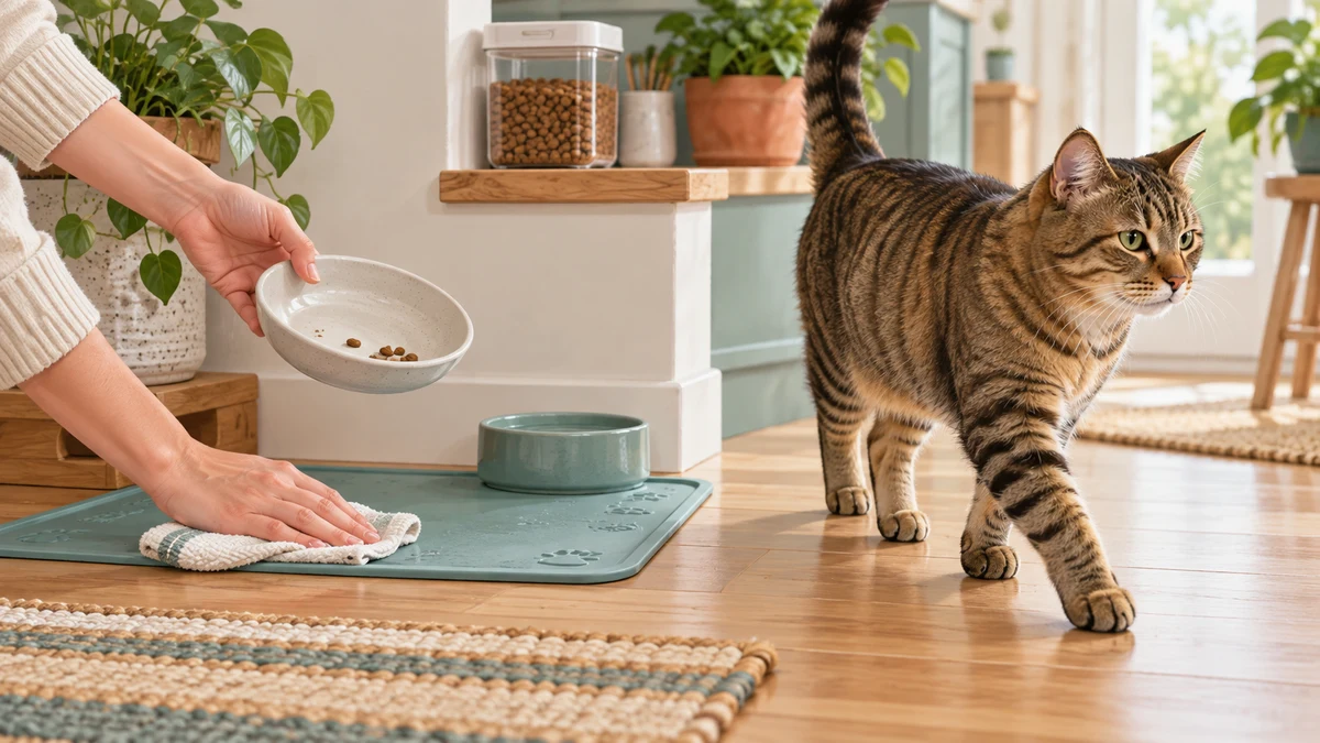 Caregiver removes a bowl with a few leftovers and wipes the washable mat while the brown tabby walks away relaxed