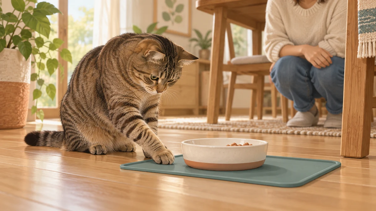 Brown tabby lightly sweeps one paw beside a shallow food bowl on a stable teal mat while a caregiver observes from a distance
