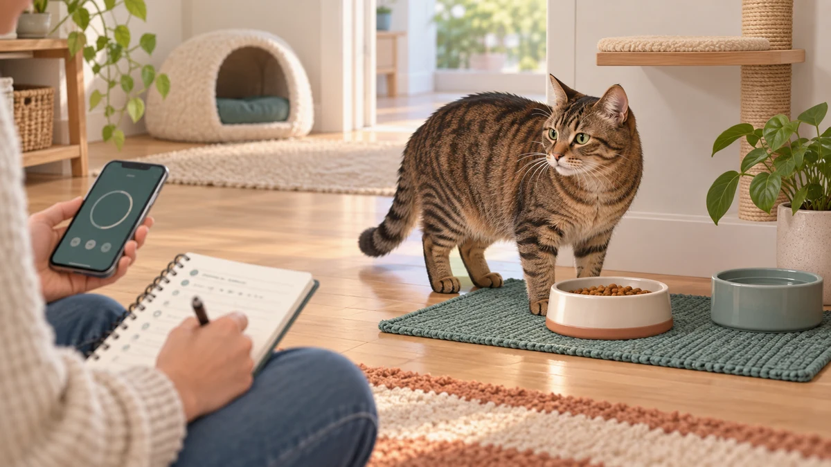 Caregiver times a meal and records the portion and cat behavior from a respectful distance without interrupting the brown tabby