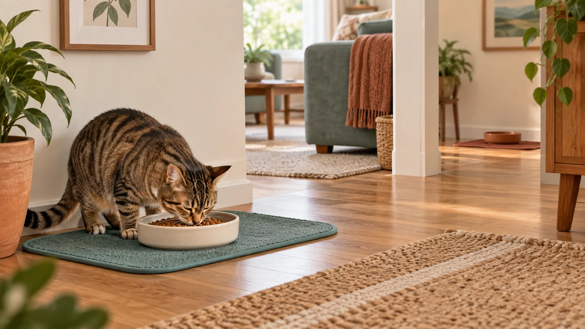 Brown tabby eats from a stable shallow bowl in a quiet location while a second feeding station sits separately in another area