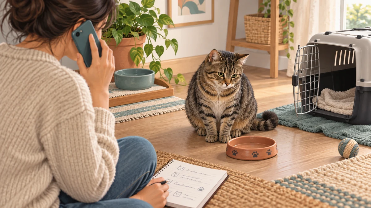 Caregiver calls a veterinary clinic with an observation notebook ready while a brown tabby sits beside an untouched bowl and open carrier