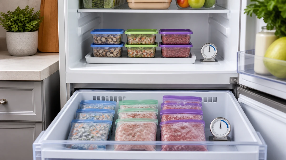 Sealed refrigerated and frozen pet-food portions organized with separate appliance thermometers and leak-catching trays