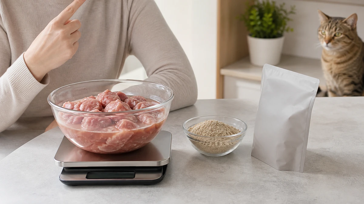 Moisture-rich meat and a dry meal ingredient shown separately on a kitchen scale while a cat watches from a distance