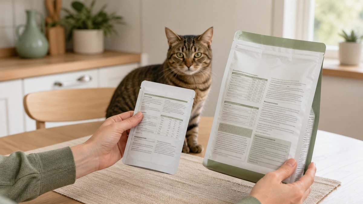 Caregiver comparing the back panels of plain wet and dry cat-food packages while a brown tabby waits nearby