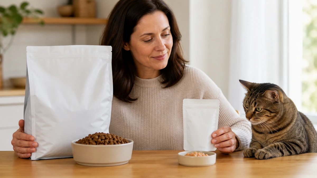 Caregiver comparing a full-meal cat-food package and bowl with a much smaller supplemental pouch and portion