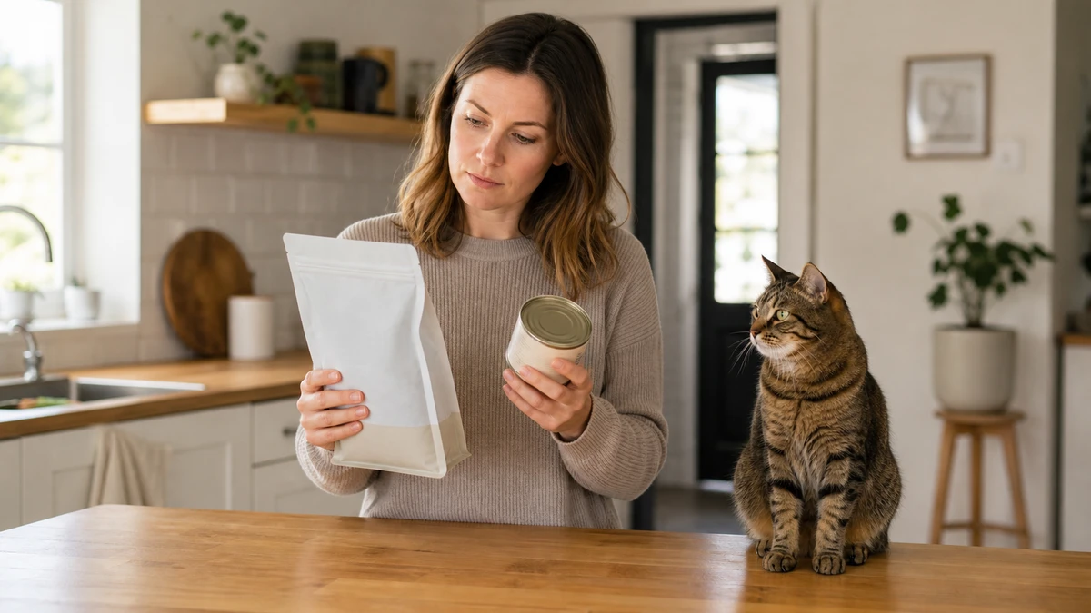 Caregiver reading the back panels of plain wet and dry cat-food packages while a brown tabby waits nearby