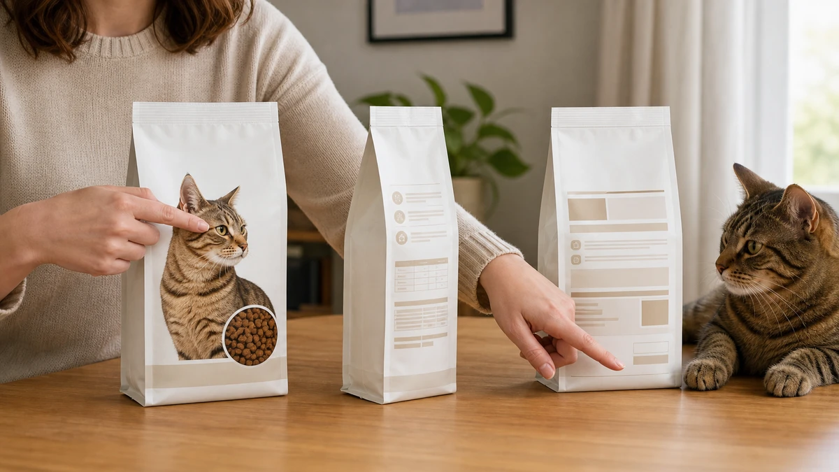 Caregiver pointing across the front, side, and back panels of plain cat-food packages in a practical reading order