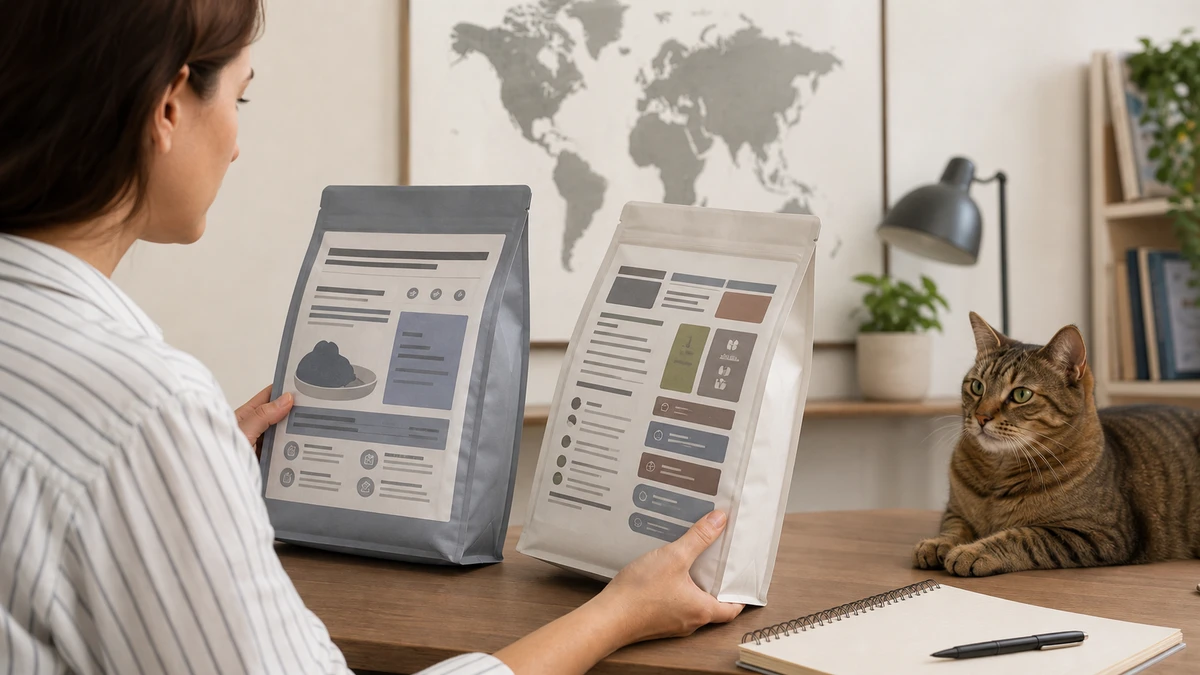 Caregiver comparing generic cat-food packages with different information-panel layouts beside a world map