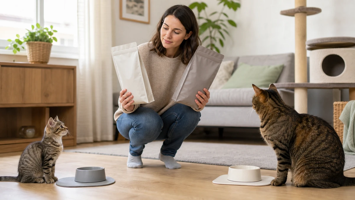 Caregiver comparing plain food packages while a kitten and an adult tabby wait at separate feeding stations