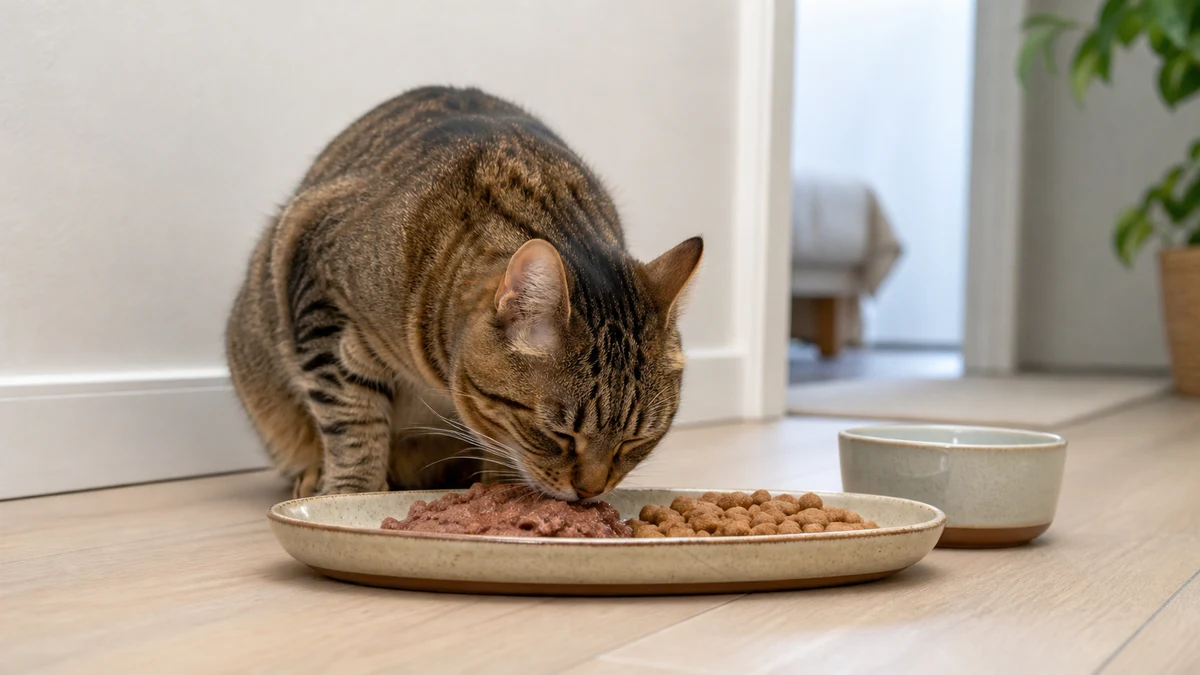 Brown tabby calmly eating a measured mixed-stage meal with separate old and new food portions visible in one wide dish