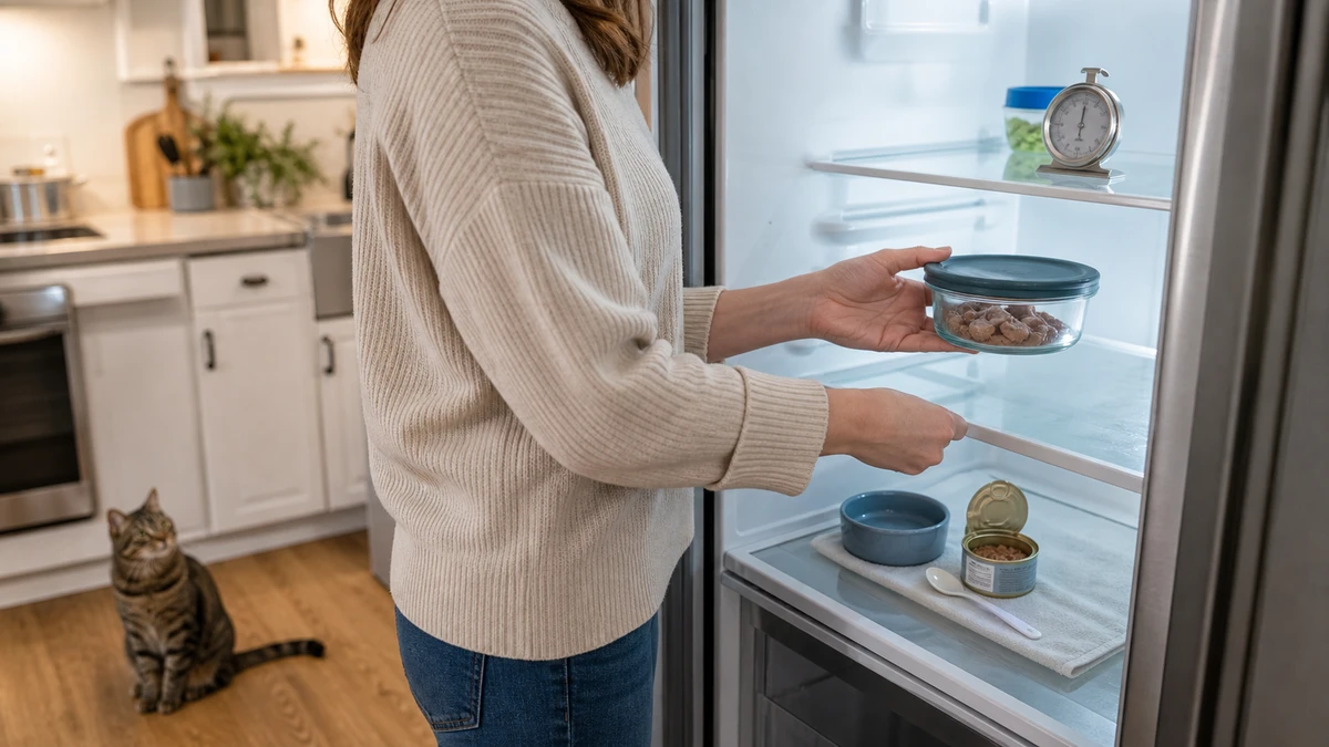 Caregiver placing covered opened wet cat food onto a refrigerator shelf beside a thermometer and clean dedicated spoon