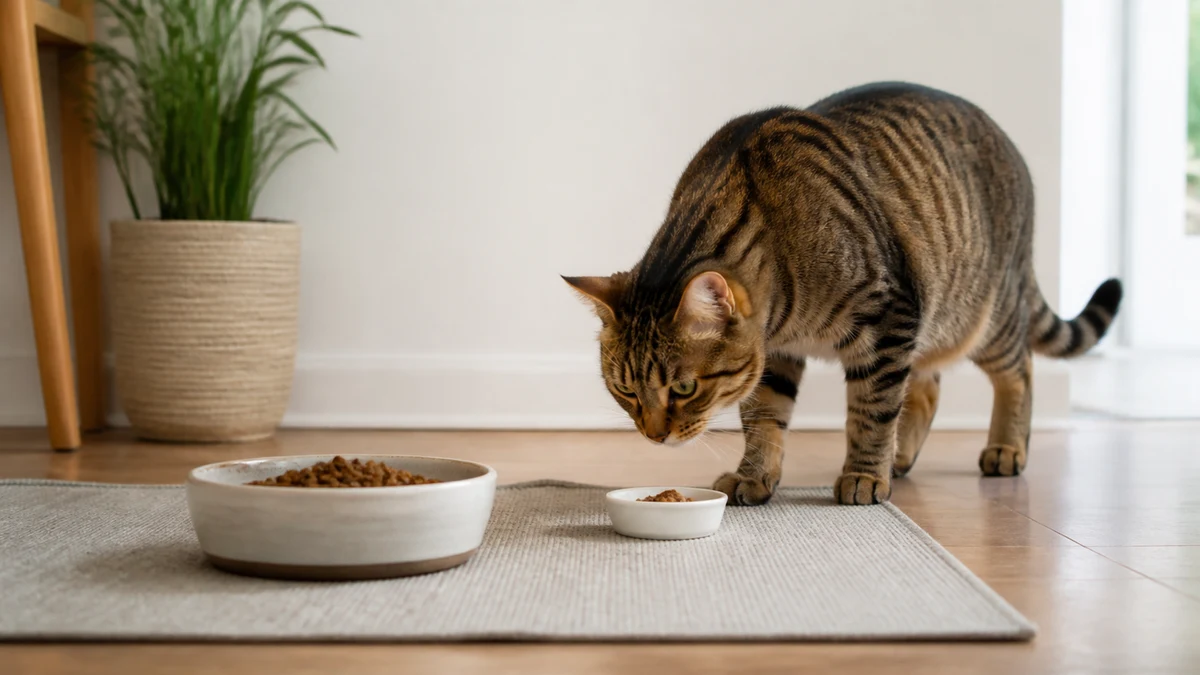 Brown tabby voluntarily approaching a small new-food dish beside its familiar bowl in a quiet uncluttered feeding area
